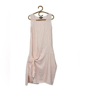 French 100% linen Striped Tie Front Midi Dress Size S Oversized Lagenlook